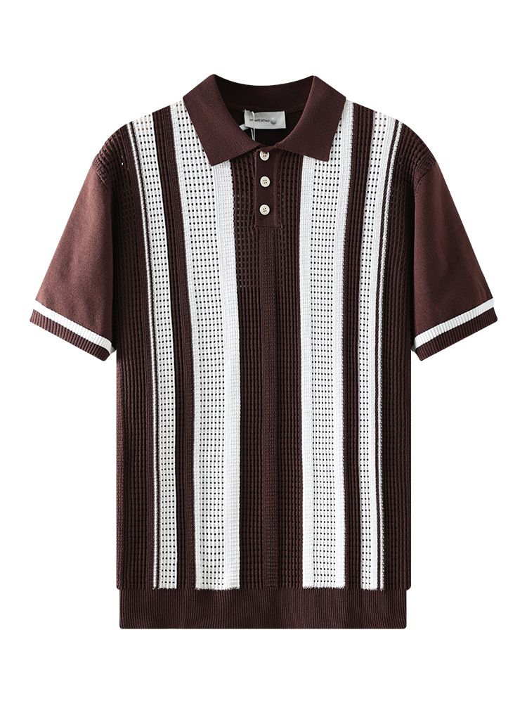 Camiseta de polo retro retro americana de color contrastante para hombre verano transpirable texturizado con collar de punto camiseta de manga corta para hombres image 6