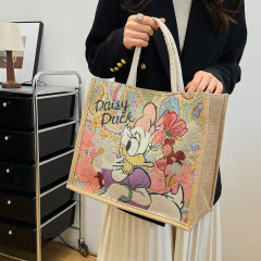 亜麻大托特包女金糸ジャカード刺繍かわいいアニメ手提げ袋シンプルファッション手伴礼袋クロスボーダー