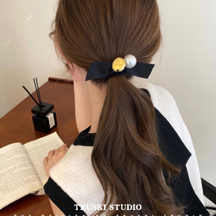 Cuerda para el cabello con lazo negro, banda de goma de cola de caballo de alta calidad femenina, lazo para el cabello duradero de alta elasticidad, tocado de diseño de perlas