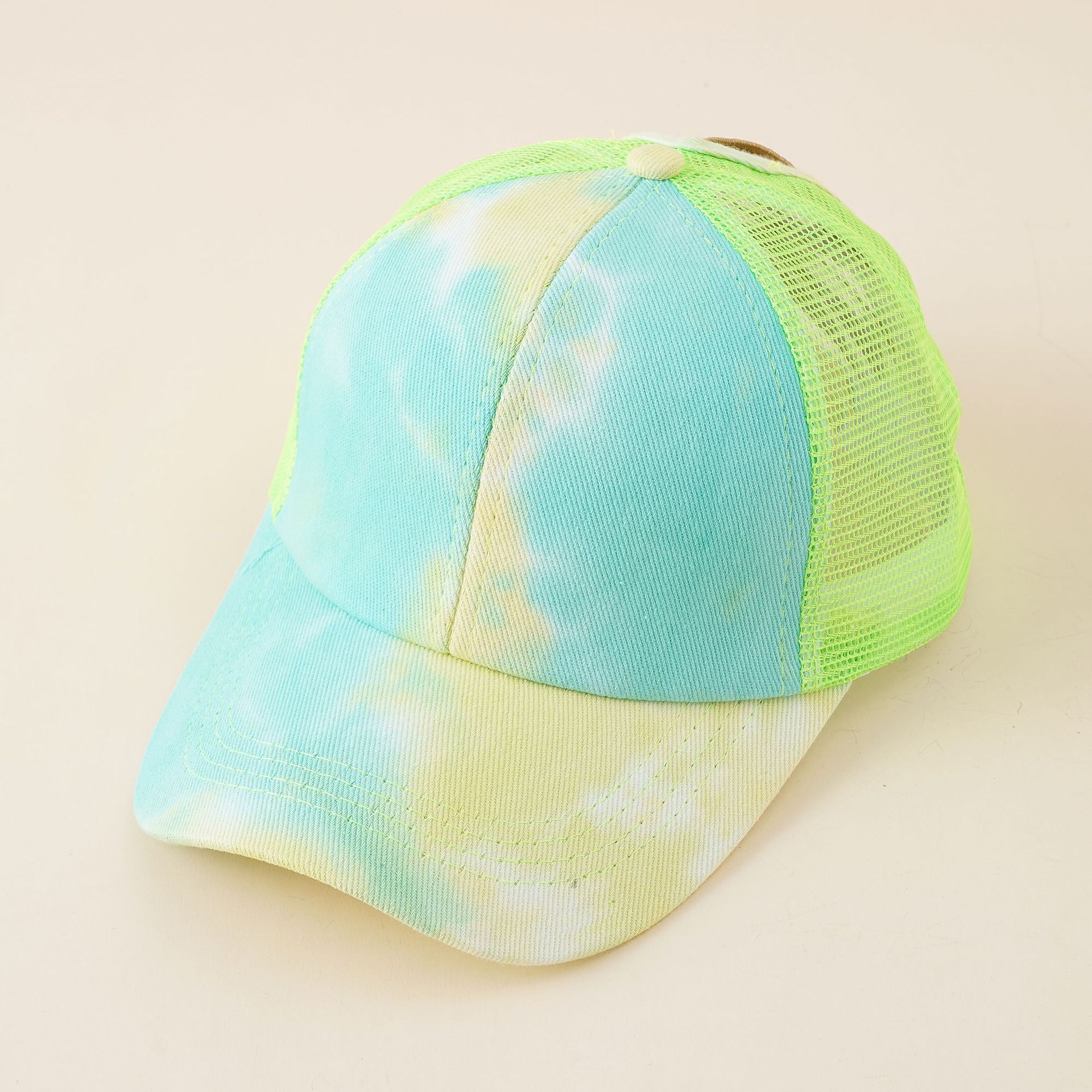 Nuevo sombrero de las mujeres de verano corbata teñida de cola de caballo gorra de béisbol de apertura trasera sombrero de verano cabello largo belleza gorra de malla