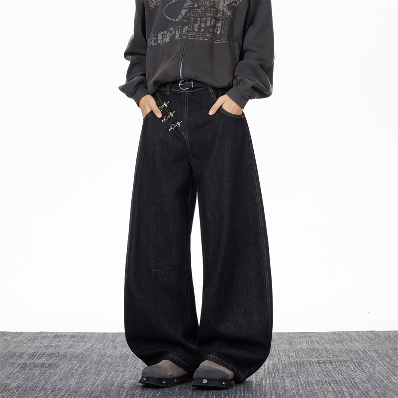 Cross-Border Foreign Trade American-Style Vintage Diagonal Zipper Airplane Buckle Curved Hem Jeans Baggy Niche Raw Denim Wide-Leg Pants for Men