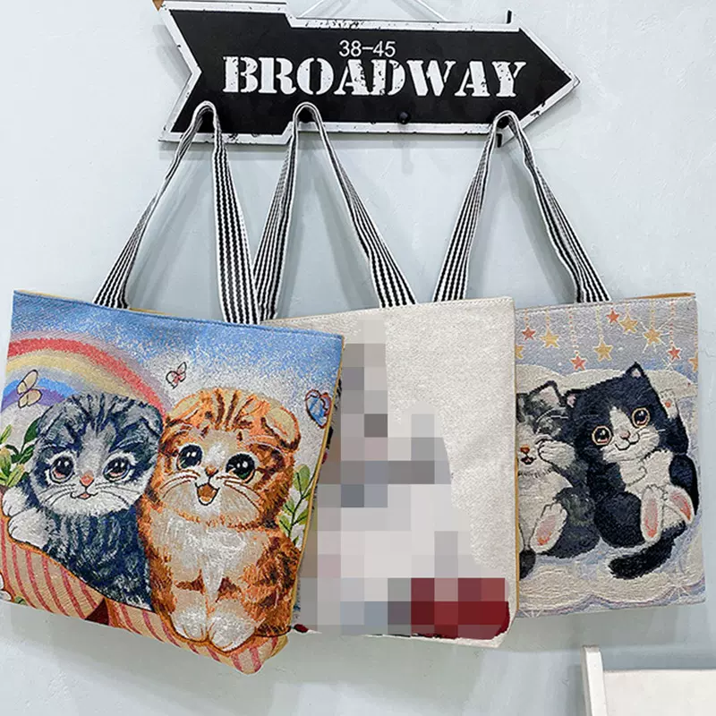 亚马逊单肩包包女包新款大容量提花托特包可爱卡通猫咪刺绣帆布包