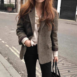 韩国代购 2025年秋冬装新款西装纯色百搭羊毛呢西装外套女