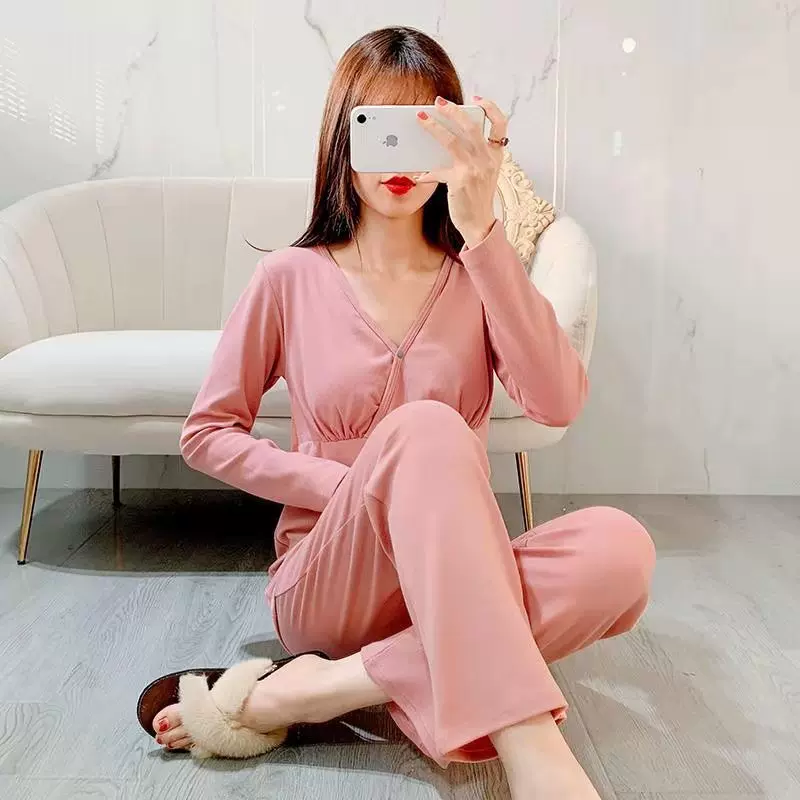秋冬新款棉加厚交叉孕妇套装 保暖休闲家居V领交叉喂奶哺乳月子服