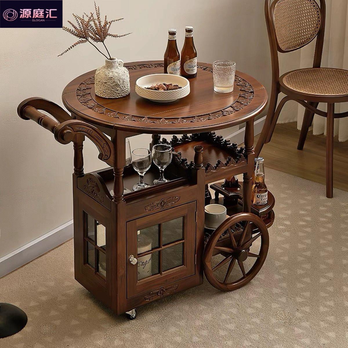 All-solid wood French vintage dining cart side table, movable retro small cart, American-style living room mid-century style with European-style carvings