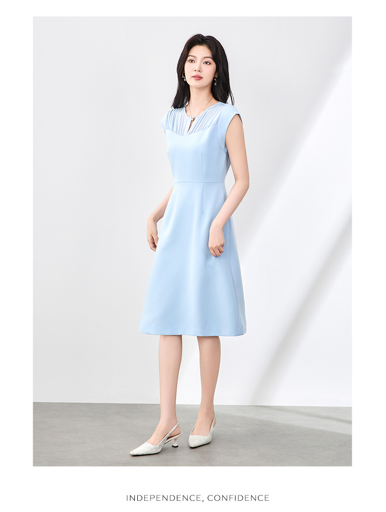 Đầm vest chữ A không tay phối voan mùa hè — Màu xanh da trời chi tiết 11