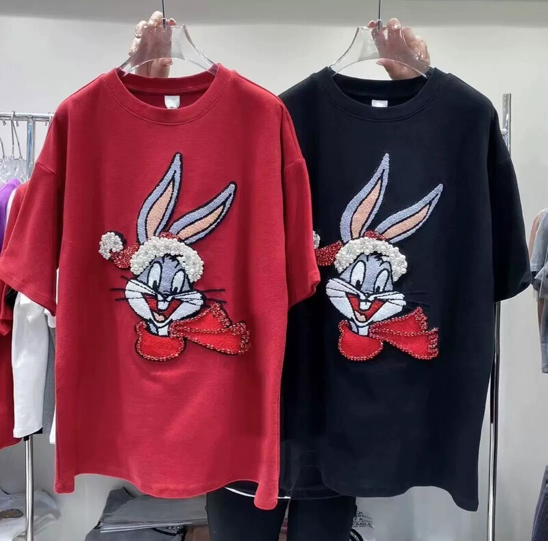 Rabbit Benmingnian New Year Red Short-sleeved Women's 2023 New New Year Loose Scrub Thickened T-shirt Half-sleeved Top