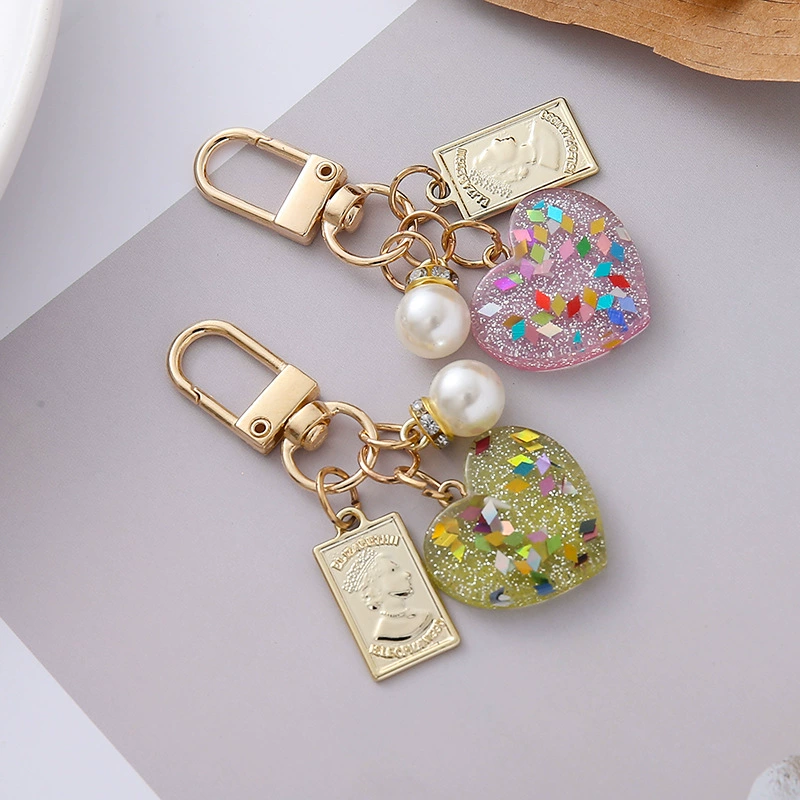 Keychain heart pendant, pearl charm, glitter coin tag, 7×3.5×1 cm, lightweight accessory