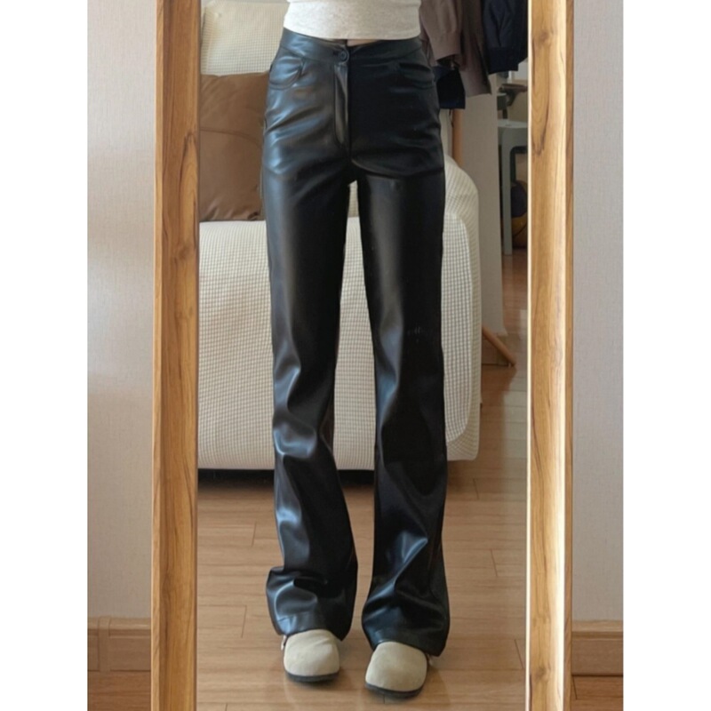 175 Tall Women's Black Straight-Leg Leather Pants, High-Waisted, Loose, Slimming, Narrow Wide-Leg Casual Floor-Length Pants