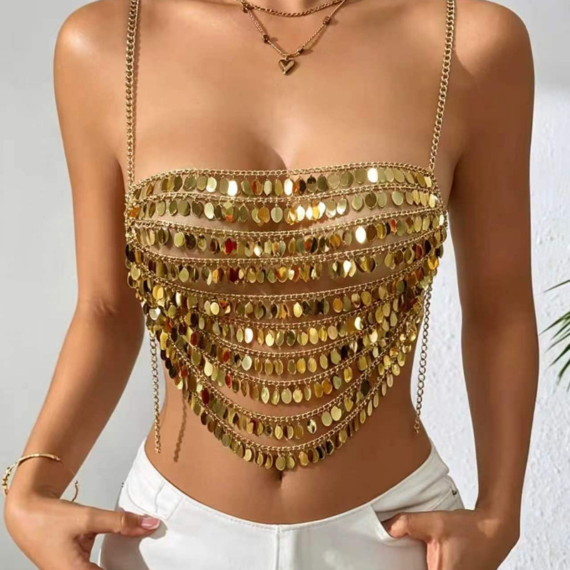European and American Style Vest with Handmade Sequins, Metal Chain Splicing, Tassel Chain Pendant, Small Vest for Women, Body Chain Z27636