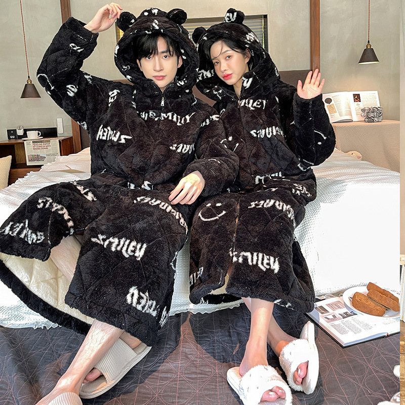 2023 New Couple's Bathrobe with Zipper, Hooded, Three-Layer Thickened Quilted, Extended Length, Unisex Bathrobe Pajamas, Black 2023 New Couple's Bathrobe with Zipper, Hooded, Three-Layer Thickened Quilted, Extended Length, Unisex Bathrobe Pajamas, Black