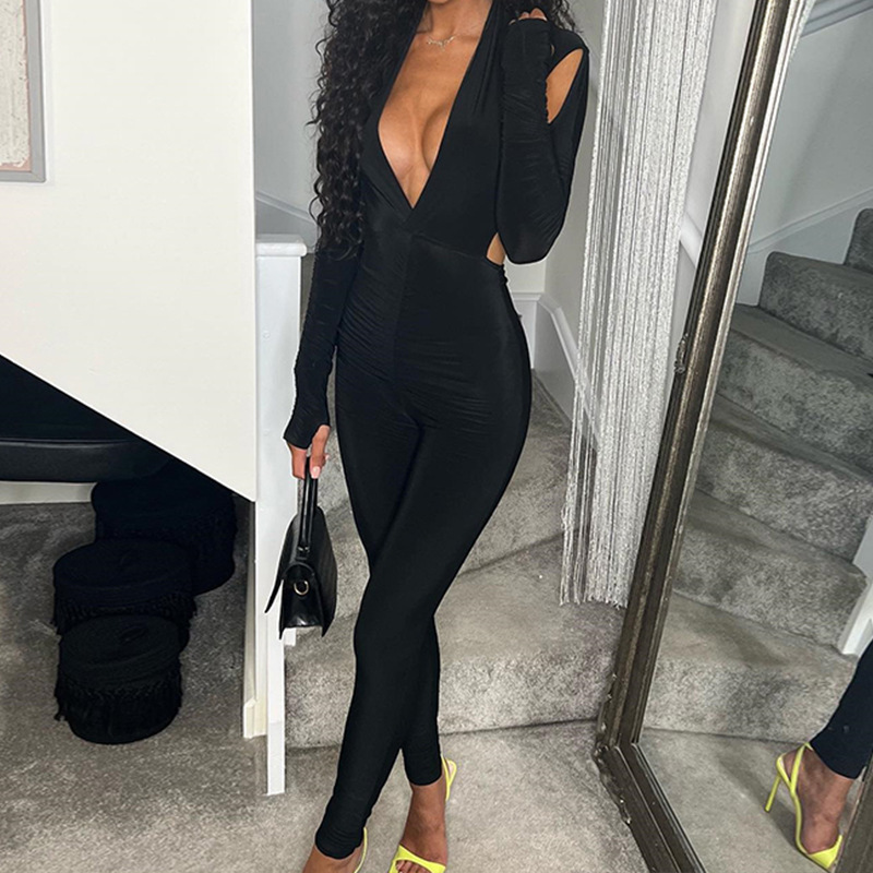 solid color deep V-neck hollow long-sleeved jumpsuit NSJYF138262