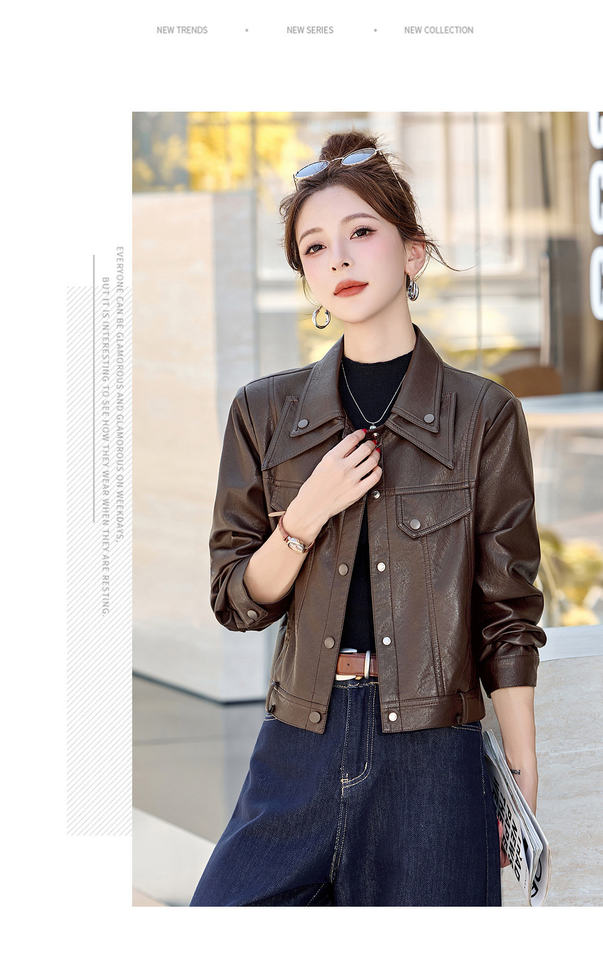 Áo khoác da dáng ngắn nữ phong cách biker, dài tay, cổ bẻ, form thông thường — Cà phê, Đen chi tiết 16