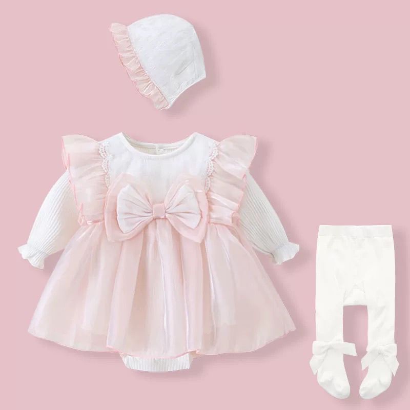 100-Day Baby Princess Dress Spring and Autumn Cotton Dress for Baby Girls First Birthday Party Lolita Style Romper Dress Full Moon Ceremony Dress