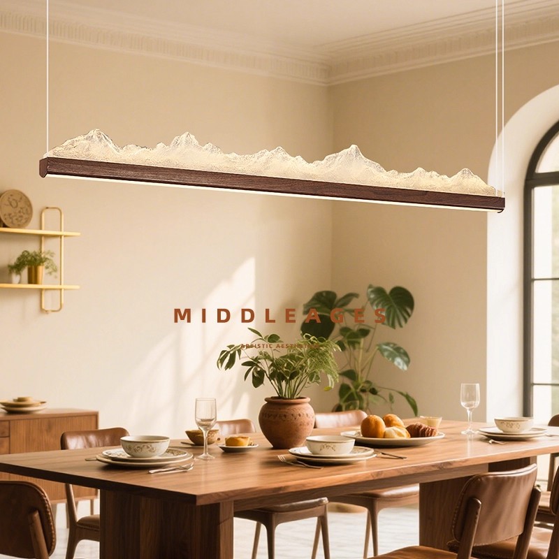 中式美学灯具茶室吊灯2025款中古风胡桃色感一字型长条餐厅灯