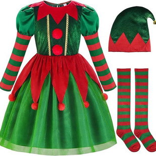 Children's Green Elf Costume Santa Little Helper Children's Christmas Elf Dress Veil suit for Girls