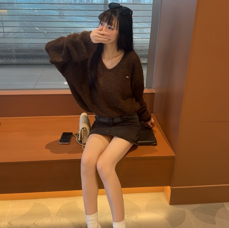 YS日韩休闲秋冬慵懒风宽松羊毛v领灯笼袖针织衫百搭简约套头毛衣|undefined