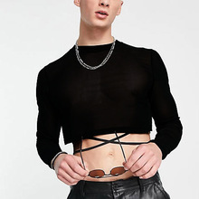 欧美型男微透性感内搭上衣男 小众设计感绑带长袖短款时尚T恤男装