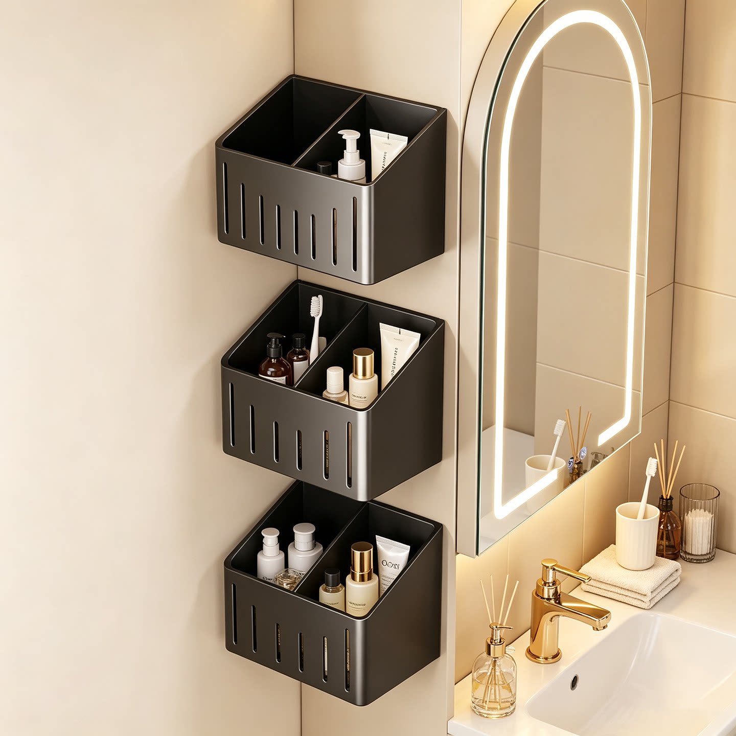 Mirror cabinet side storage box, bathroom vanity organizer, adjustable cosmetic and lipstick shelf, bathroom angled compartment for organizing