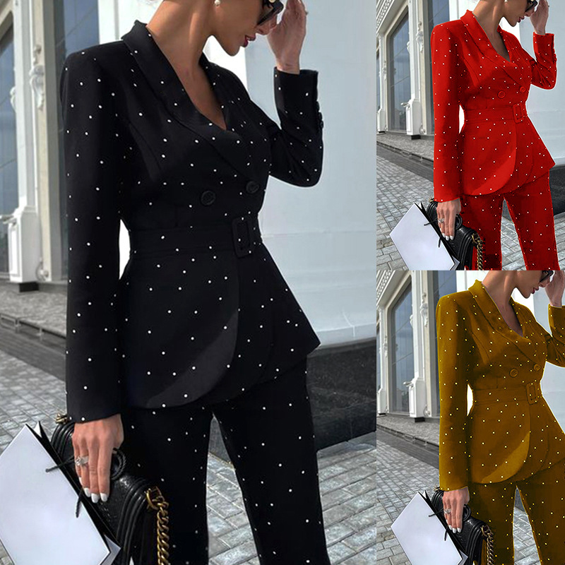 Conjunto blazer y pantalón para mujer, estampado de lunares