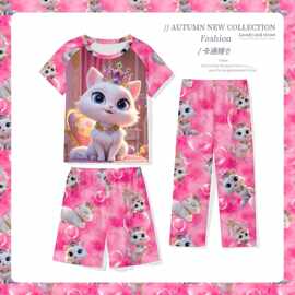 亚马逊外贸牛奶丝童装3件套新款美码女童家居服短袖短裤睡衣套装