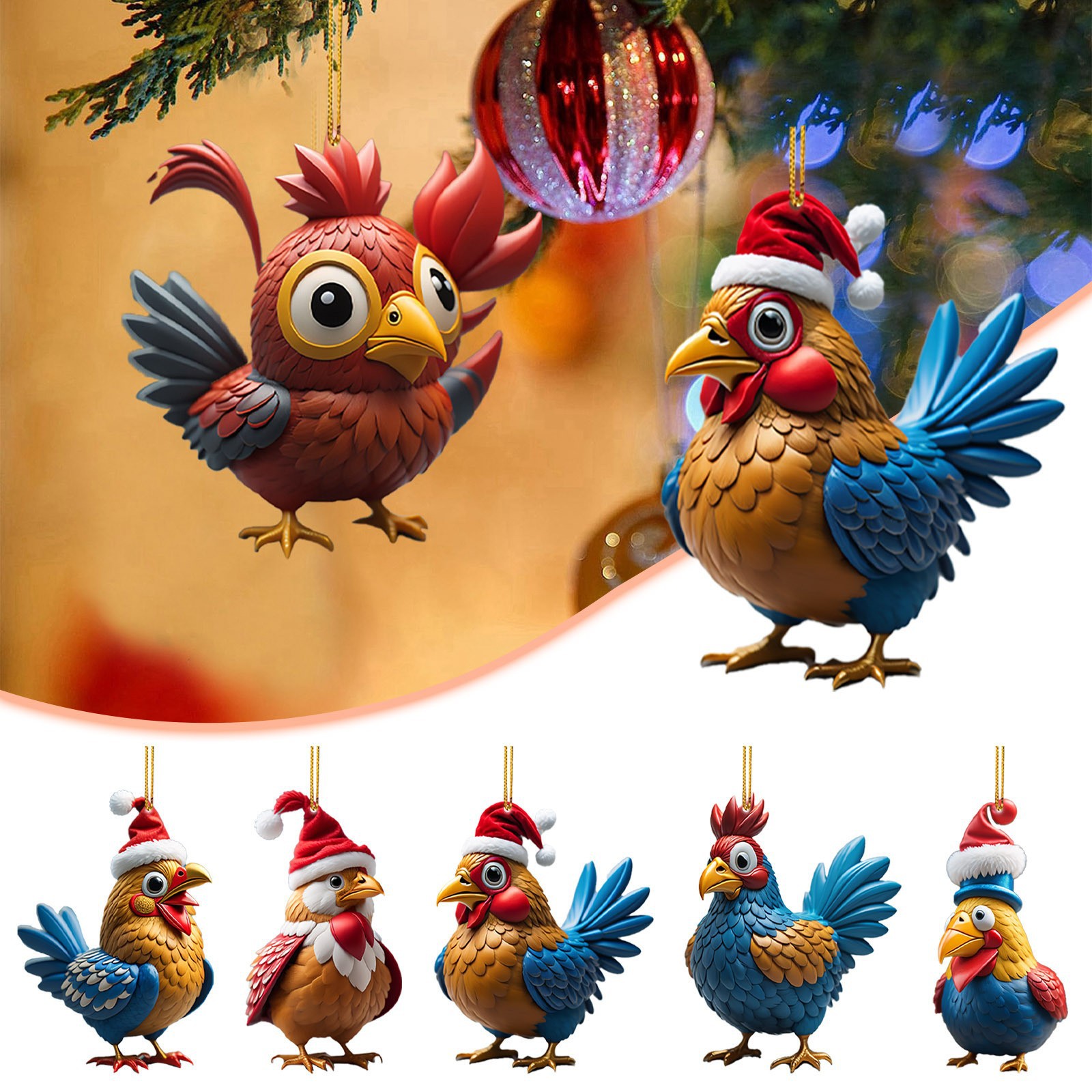 Christmas Creative Animal Chicken Rooster Series Pendant Christmas Tree Pendant Acrylic Hang Decorations display picture 2