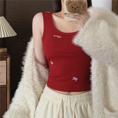 6683 # 秋冬の女性用起毛薄手ベルベットリボン刺繍ベスト、胸パッド付き、スリムフィット、ショート丈トップス