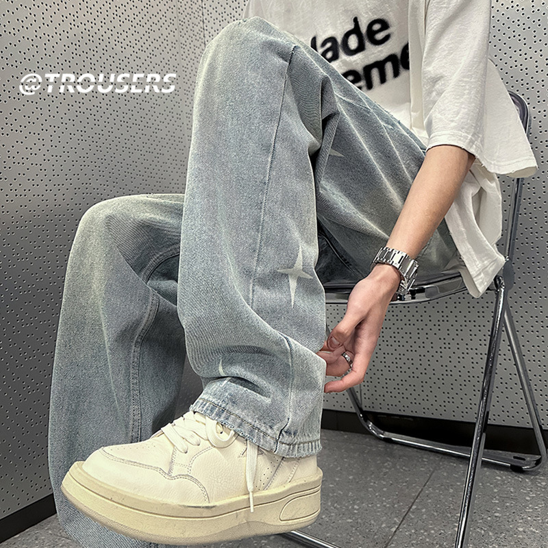 Men's Washed Retro Denim Jeans Straight Leg Loose Fit High Street Style Slimming Long Pants Trendy Casual Wear_mkmklike.com
