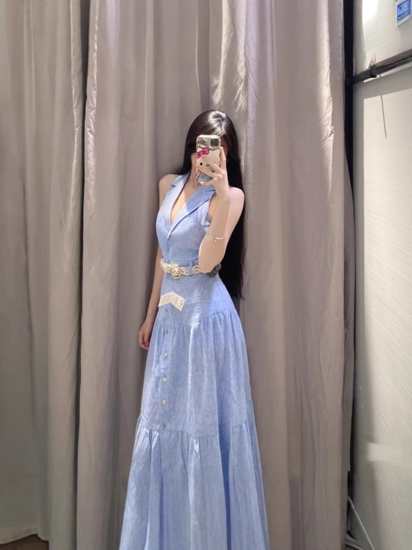 ZA女装跨境外贸 优雅气质修身配腰带亚麻混纺迷笛连衣裙 8372110|undefined