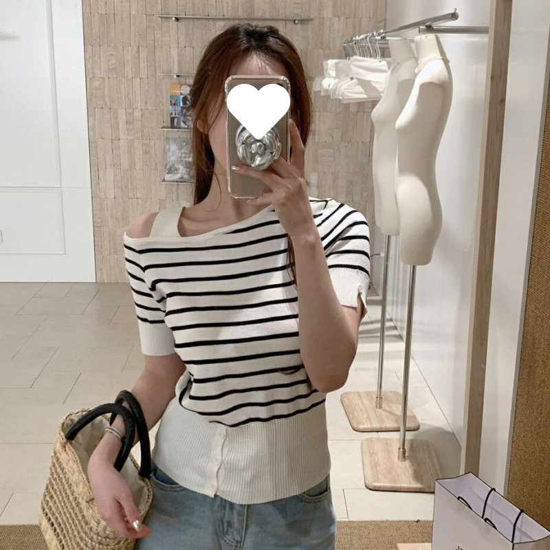 高级感时尚气质韩系氛围感下摆开衩设计露肩小衫女装毛织针织衫|undefined