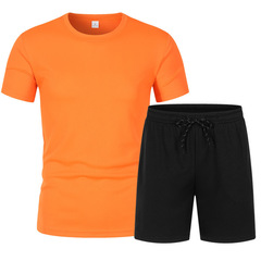 Summer Men's Mesh Short Sleeve Set 2-Piece Breathable Basketball Top T-Shirt + Sports Five-Finger Shorts Solid Color
