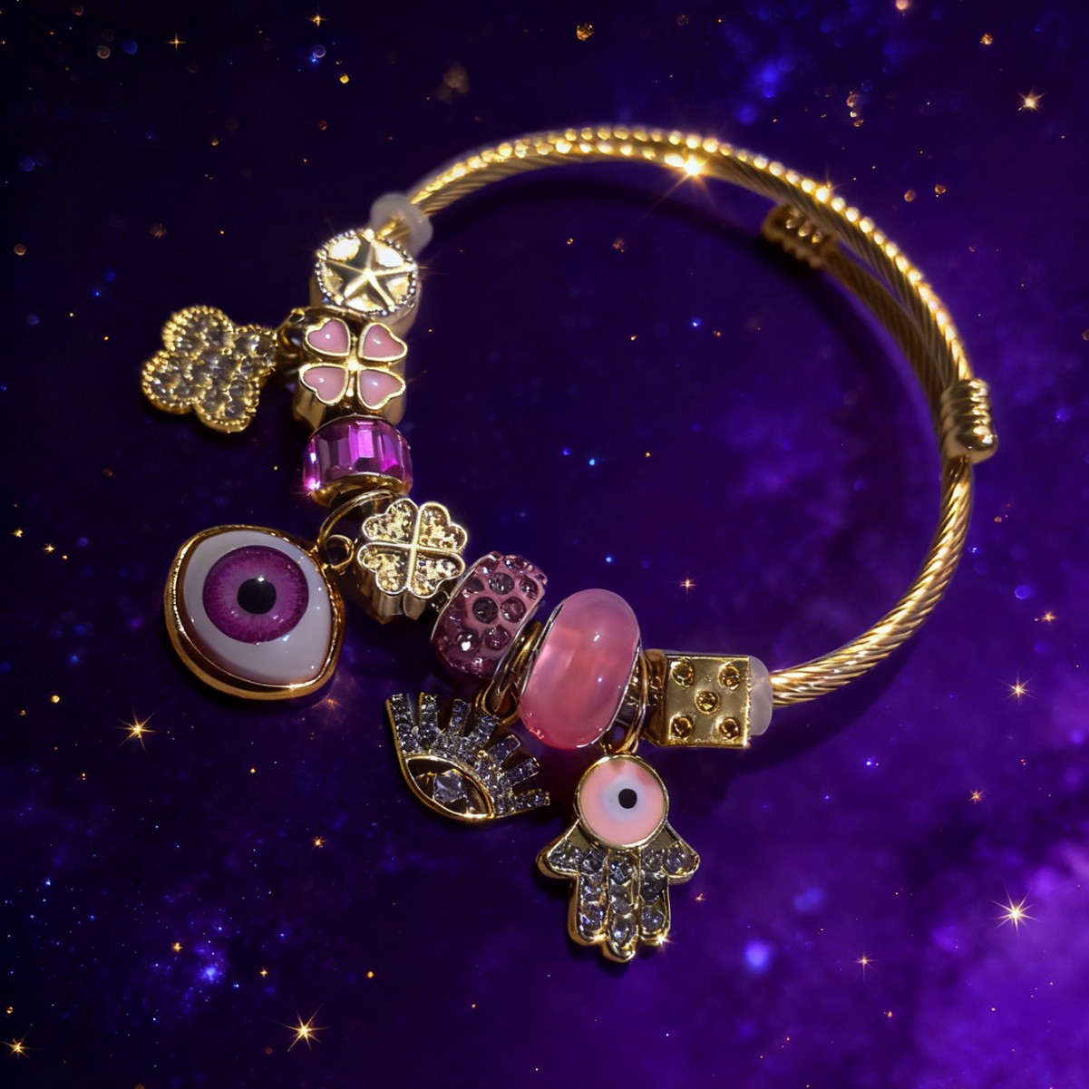 Brote transfronteriza Pan familia pulsera de acero inoxidable diamante rosa ojo del diablo mano de Dios joyas de color de hierba de cuatro hojas