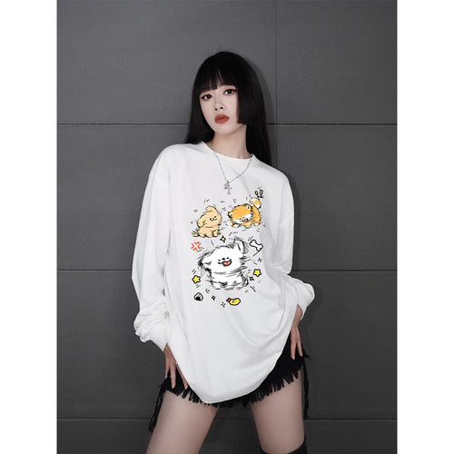 Black and White Long-Sleeve T-Shirt for Women - Autumn/Winter 2025, Korean College Style Loose Friend Outfit Top