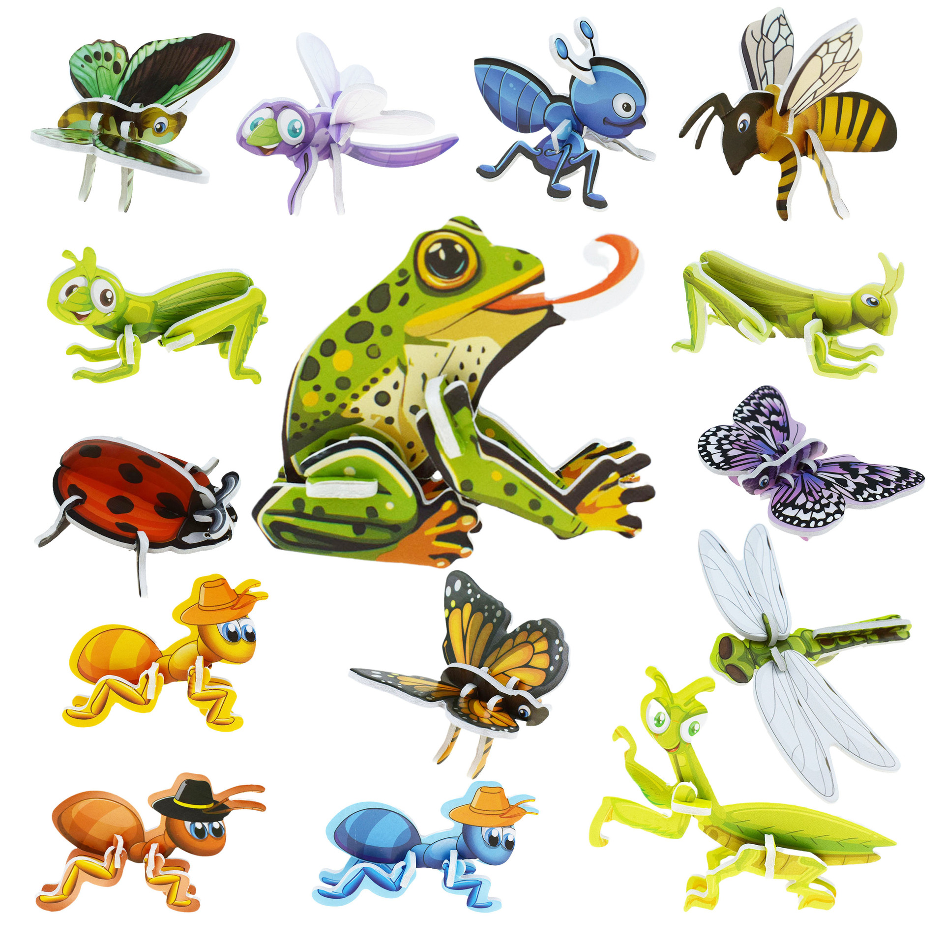 儿童纸质青蛙立体拼图可爱卡通昆虫蝴蝶造型立体小拼图蜻蜓玩具