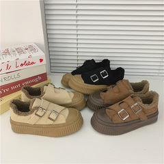 Women's 2023 New Winter Warm Color System Flat Felt Canvas Shoes with Faux Fur Lining, Korean Style, Versatile Magic Tab Fastening, Warm Cotton Shoes