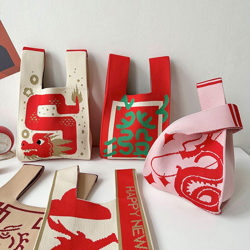2024 der Loong Red Celebration Gestrickte Damen-Umhängetasche, vielseitige und hochwertige Neujahrsgeschenk-Handtasche_voghion.com