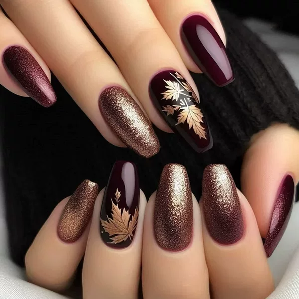Autumn and Winter Amber Golden Maple Leaf Autumn and Winter Atmosphere Long Ballet Armor ins European and American Style Manicure Pieces 24 Pieces