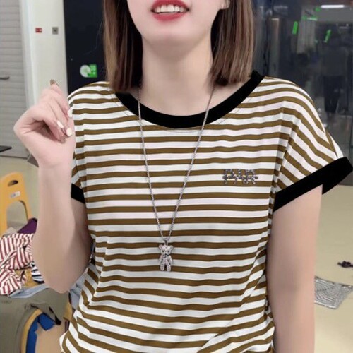 Summer round collar stripe short-sleeved casual style daily breathable T-shirt, foreign style, small pullover, contrasting knitted shirt for women