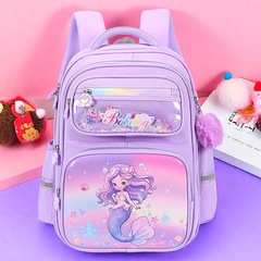 紫色の人魚柄スクールバッグ 小学生女子 3～6年生 女児 背骨保護 負担軽減 子供用リュックサック 猫背防止