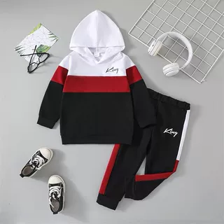 中小童男孩服装服装格子熊连帽卫衣拼接裤秋冬男孩服装