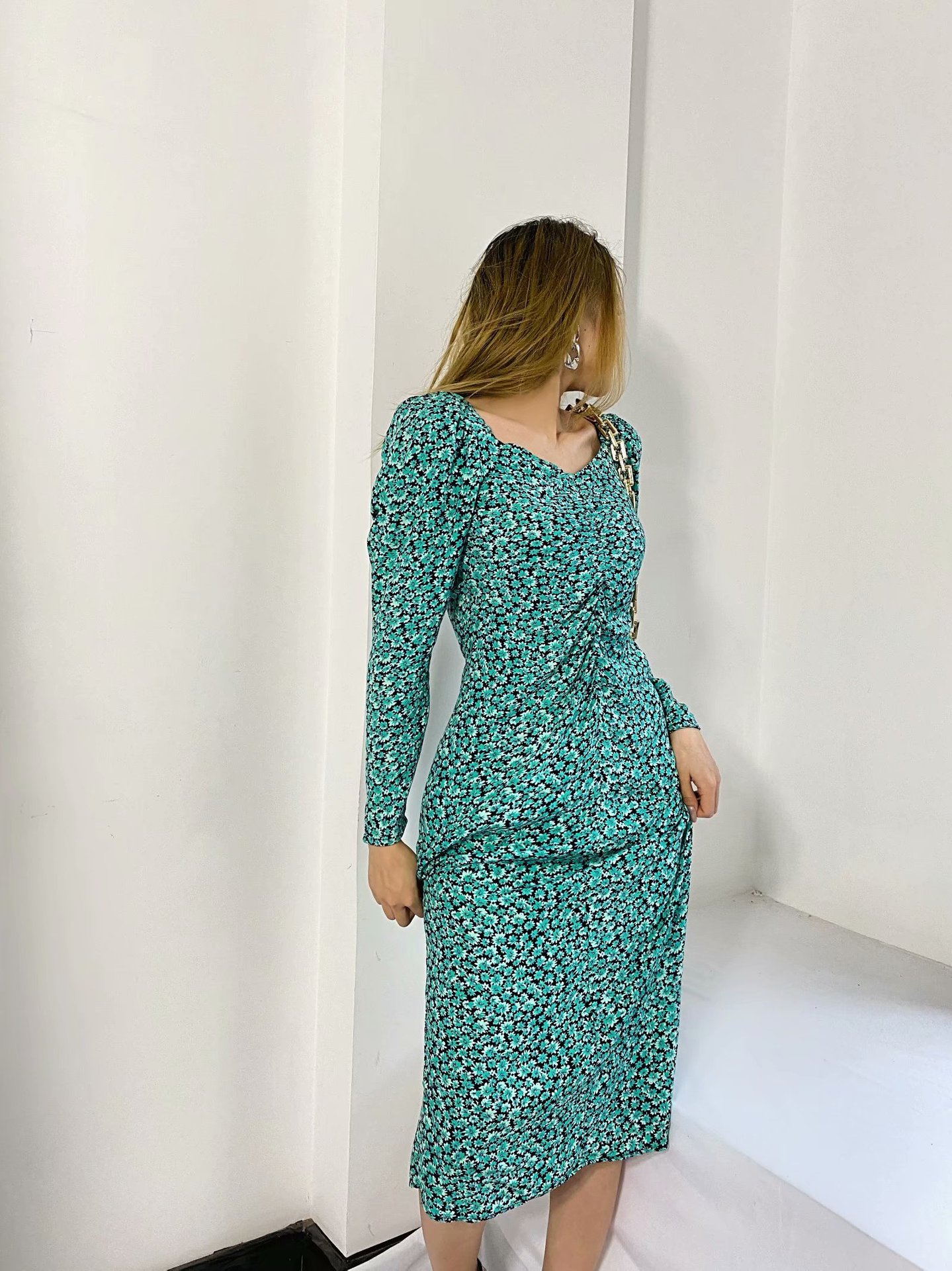 printed puff sleeve midi split dress Nihaostyles wholesale clothing vendor NSAM74122