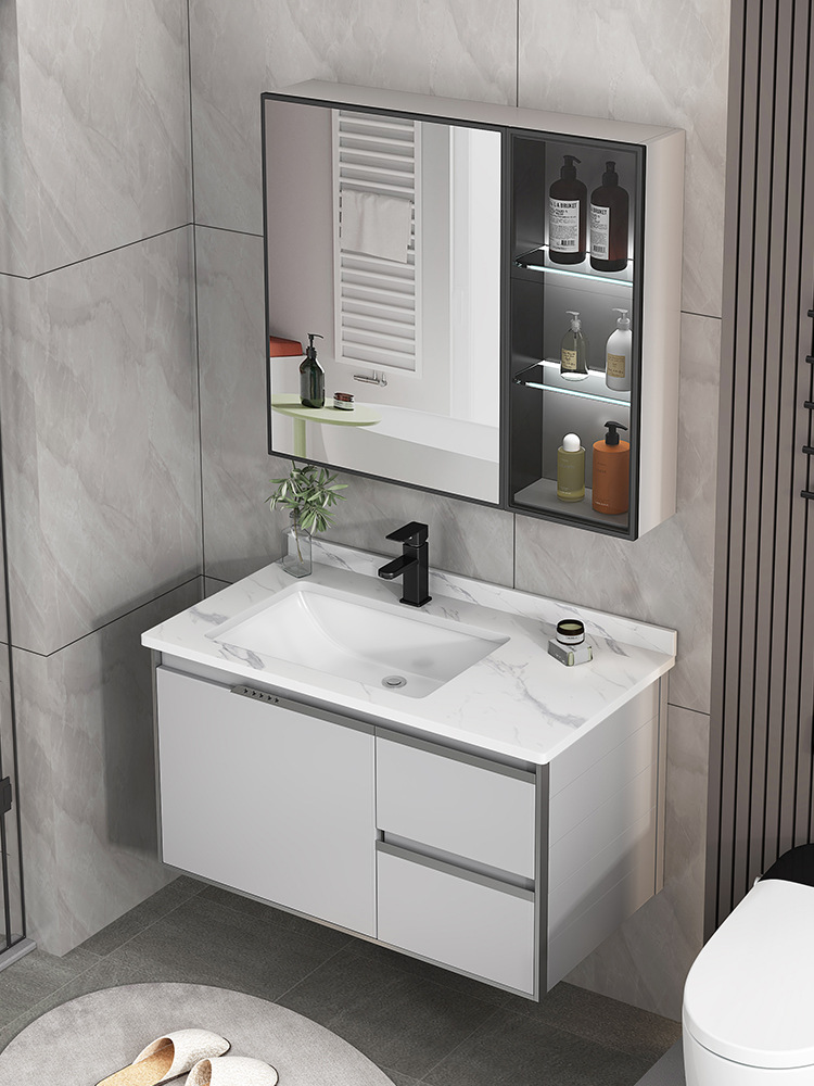 Moderno minimalista espacio de aluminio baño lavabo gabinete combinación lavabo del baño Placa de roca lavabo inteligente espejo del baño gabinete