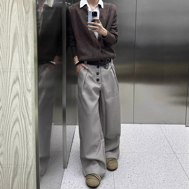 Houndstooth Composite Pleated Buttoned A-Line Wide-Leg Dress Pants for Men, Old Money Style, Clean Fit, Versatile Casual Pants for Commuting