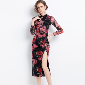 Retro mesh Floral chinese dress oriental qipao improved cheongsam dress Elegant temperament  slit car model miss etiquette dress