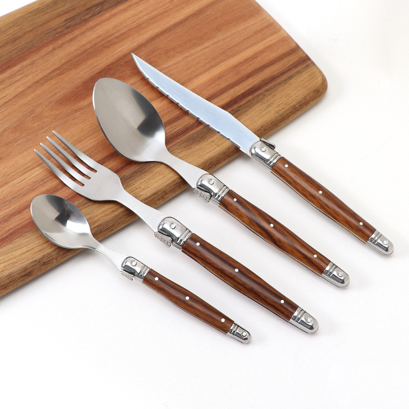 Factory spot stainless steel Western-style knife, fork and spoon set ABS covered wood grain straight handle steak knife and fork daily tableware Factory spot stainless steel Western-style knife, fork and spoon set ABS covered wood grain straight handle steak knife and fork daily tableware