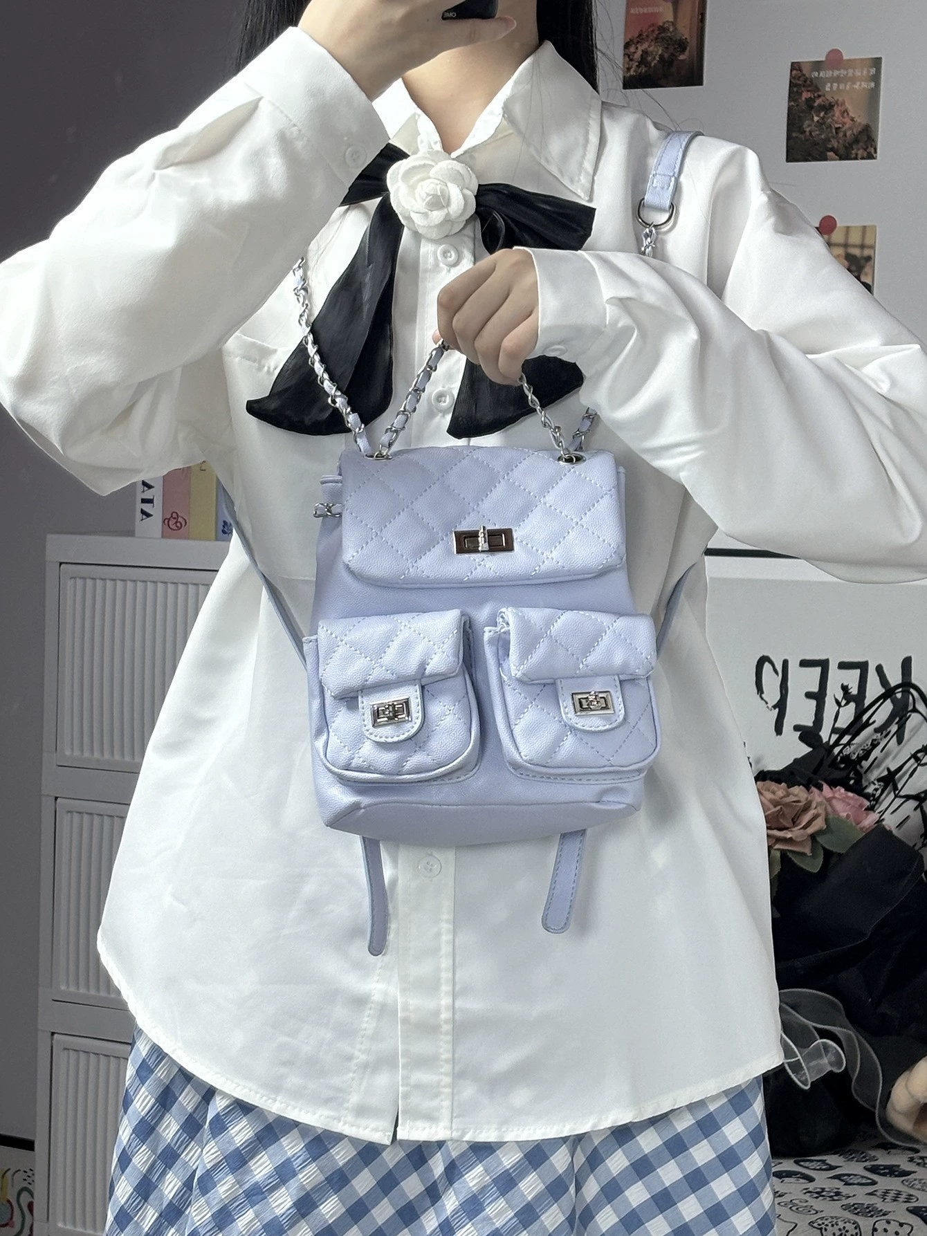 Cute backpack for leisure with diamond pattern, city style, Chanel style