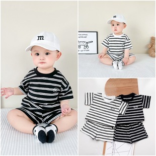 Infant suit summer new Jacquard striped suit breathable short sleeve shorts for boys and girls