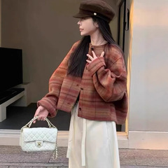 秋冬新作レトロチェック柄両面ウールコート女性用デザイン性の高い高級ウールコートショートスタイル