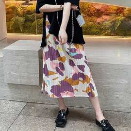 薄款褶皱半身裙女春夏百搭新款高腰显瘦中长裙松紧腰百褶裙