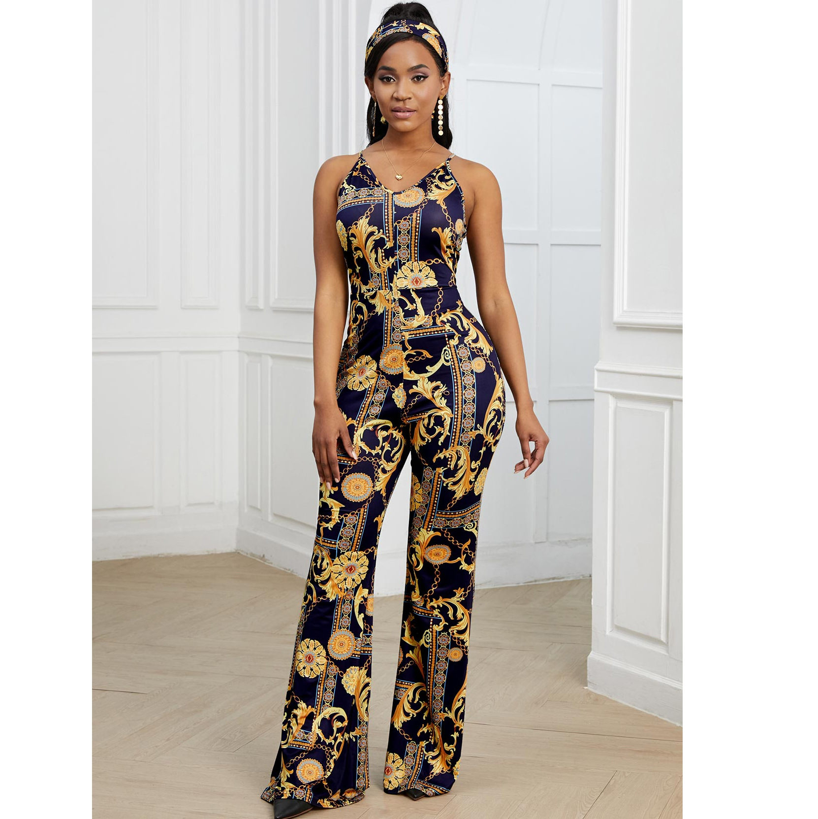 V-Neck Print Slip Jumpsuit NSMRF116562